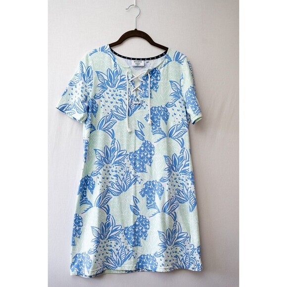 HIHO Tortola BVI M Sandy Cay Blue Floral print midi dress beach coastal resort - Picture 1 of 6